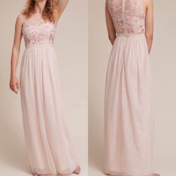 Anthropologie BHLDN Baldwin Pink Rose Tulle Floral Embroidered 10 Maxi Dress - Picture 1 of 12